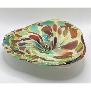 Multicolored Hand Blown Art Glass Bowl Dish Footed Polished Bottom